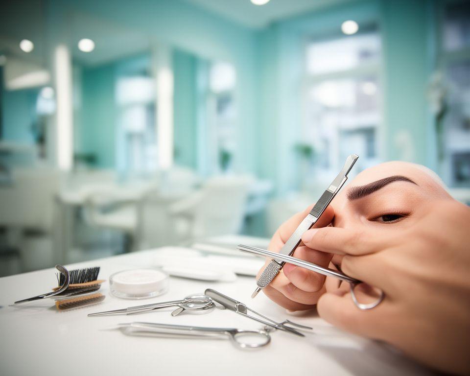 Fachkundige Augenbrauenbehandlung in einem hellen Zürcher Salon mit präzisem Styling-Setup